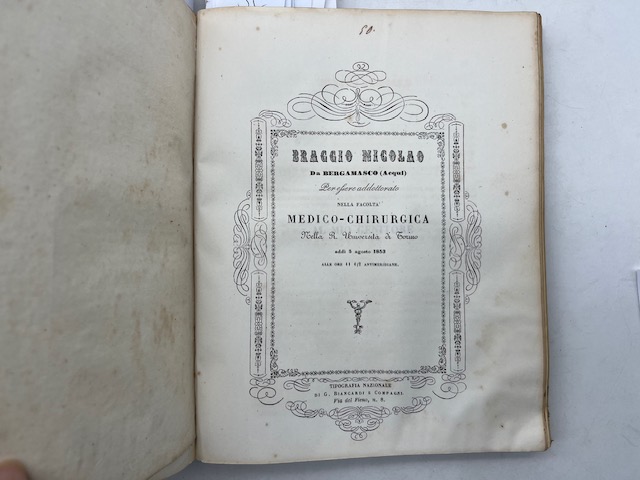 Braggio Nicolao da Bergamasco (Acqui) per essere addottorato nella Facoltà Medico-Chirurgica nella R. Università di Torino. Del ginepro